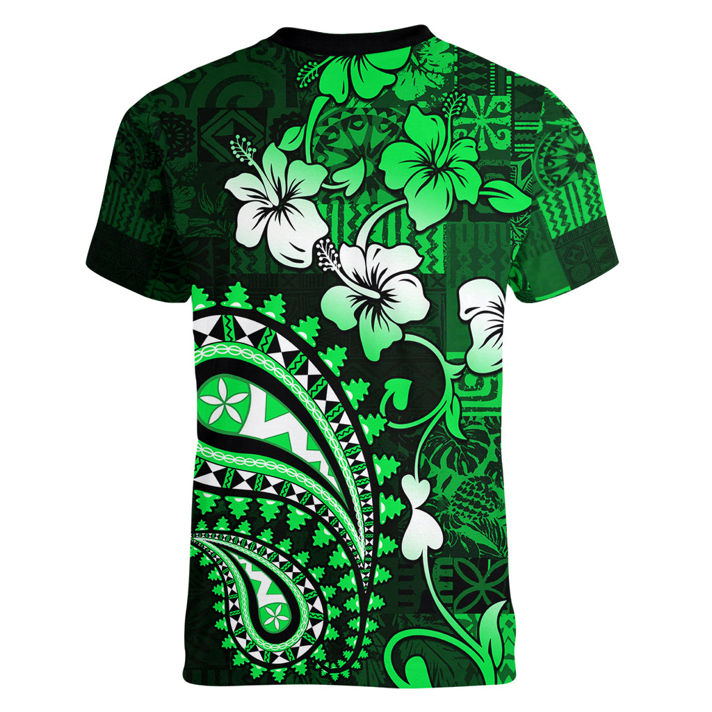 Fiji Masi Paisley With Hibiscus Tapa Women V Neck T Shirt Green Version LT01 - Polynesian Pride