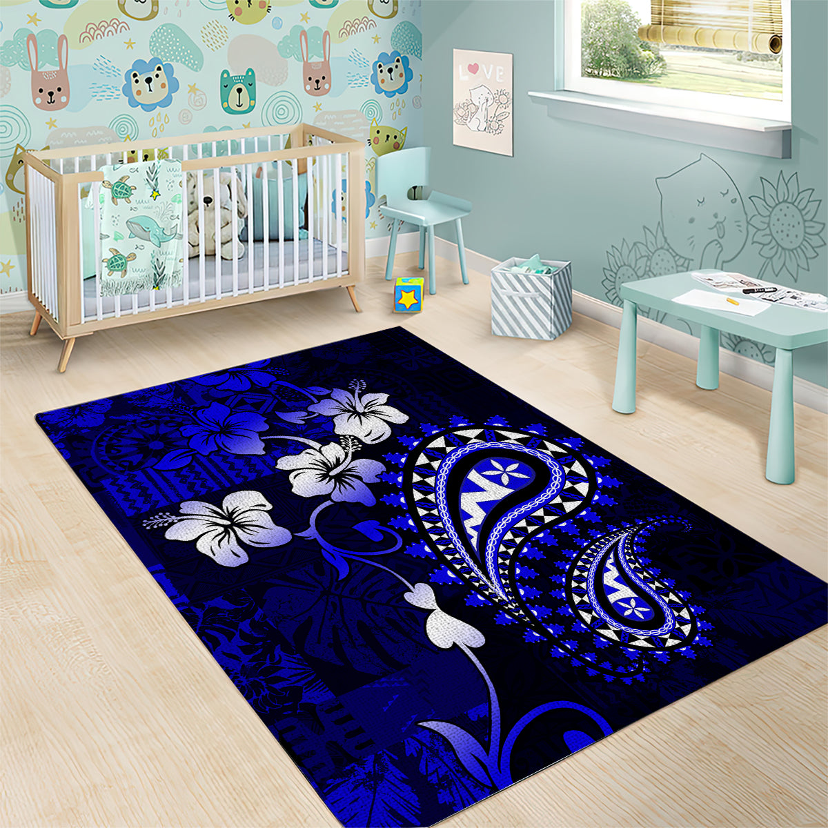 Fiji Masi Paisley With Hibiscus Tapa Area Rug Navy Blue Version LT01 - Polynesian Pride