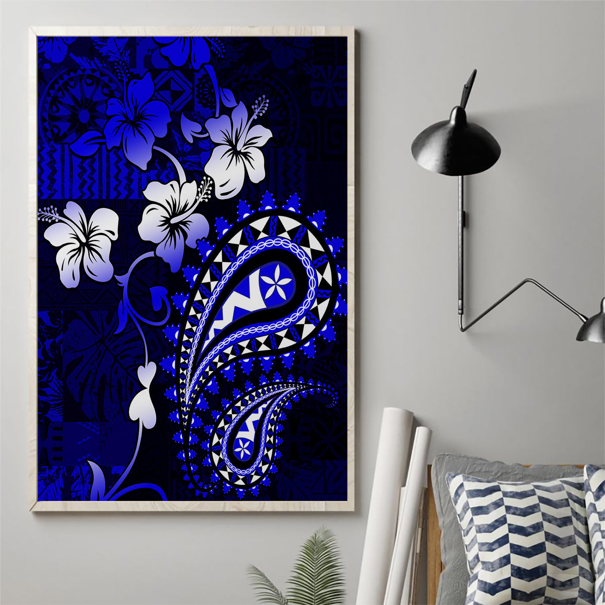Fiji Masi Paisley With Hibiscus Tapa Canvas Wall Art Navy Blue Version LT01 - Polynesian Pride