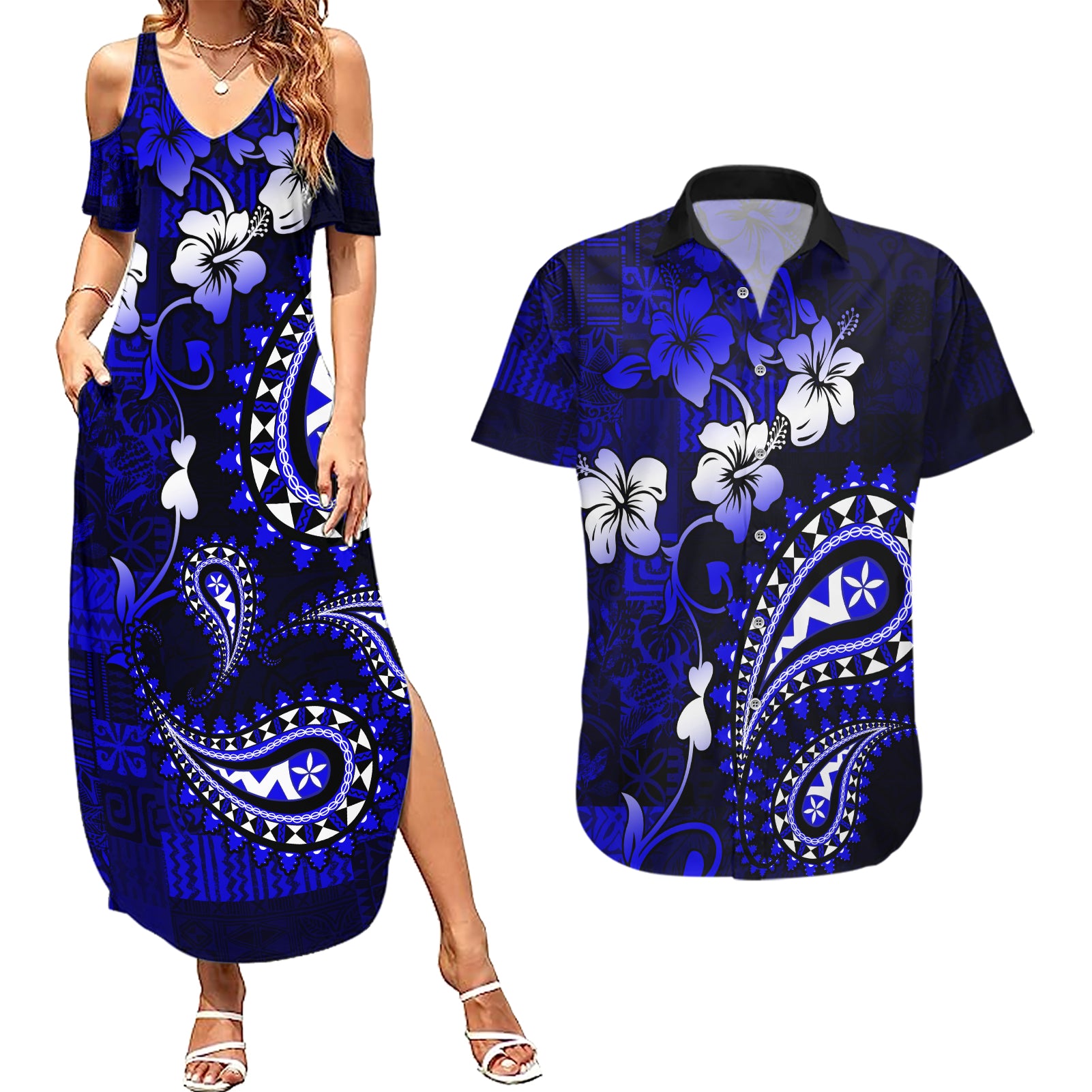 Fiji Masi Paisley With Hibiscus Tapa Couples Matching Summer Maxi Dress and Hawaiian Shirt Navy Blue Version LT01 Blue - Polynesian Pride