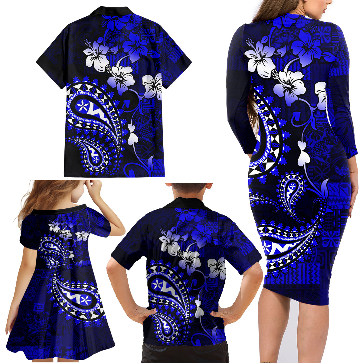 Fiji Masi Paisley With Hibiscus Tapa Family Matching Long Sleeve Bodycon Dress and Hawaiian Shirt Navy Blue Version LT01 - Polynesian Pride