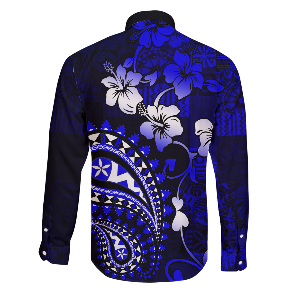 Fiji Masi Paisley With Hibiscus Tapa Family Matching Short Sleeve Bodycon Dress and Hawaiian Shirt Navy Blue Version LT01 - Polynesian Pride