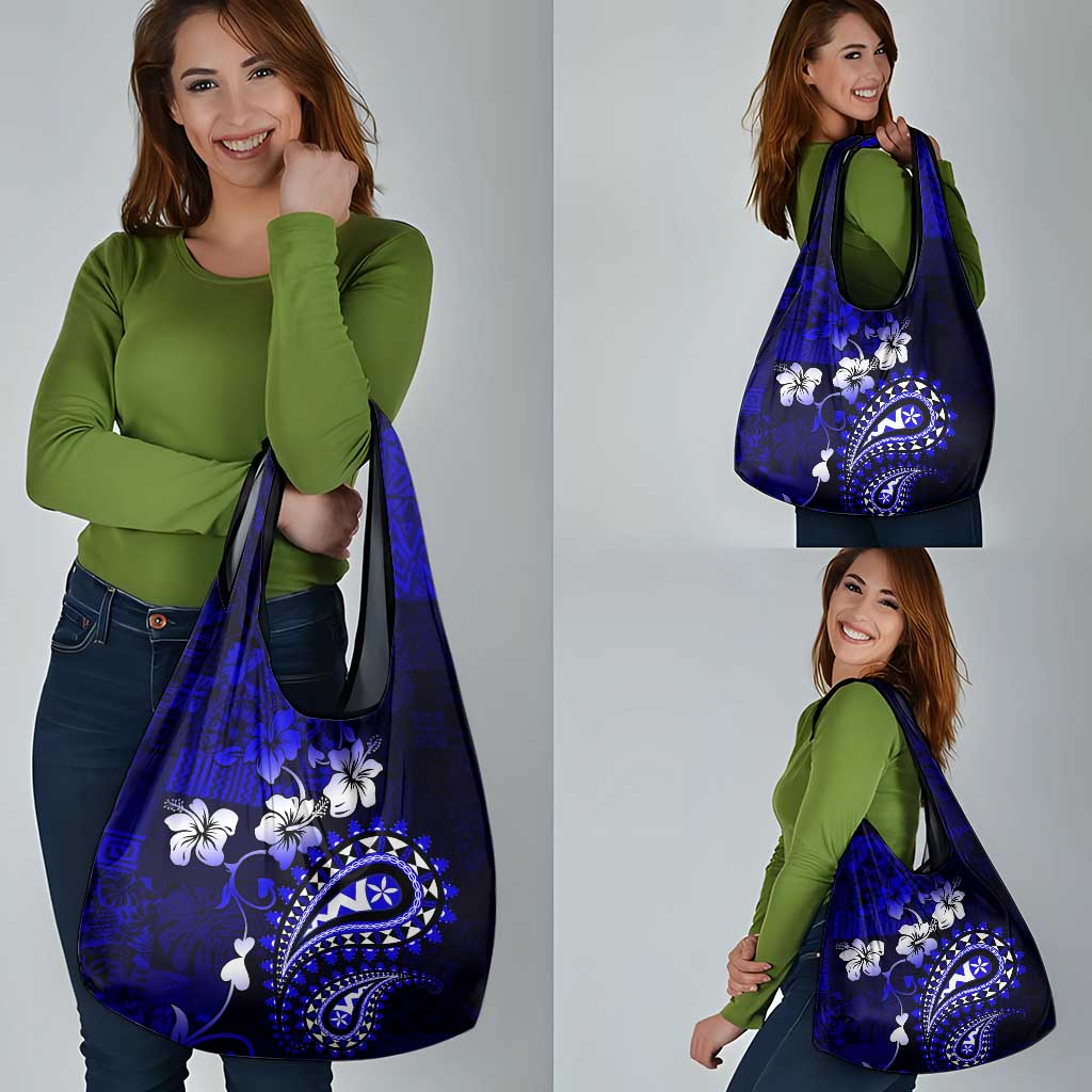 Fiji Masi Paisley With Hibiscus Tapa Grocery Bag Navy Blue Version