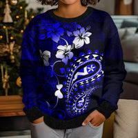Fiji Masi Paisley With Hibiscus Tapa Kid Ugly Christmas Sweater Navy Blue Version LT01 - Polynesian Pride