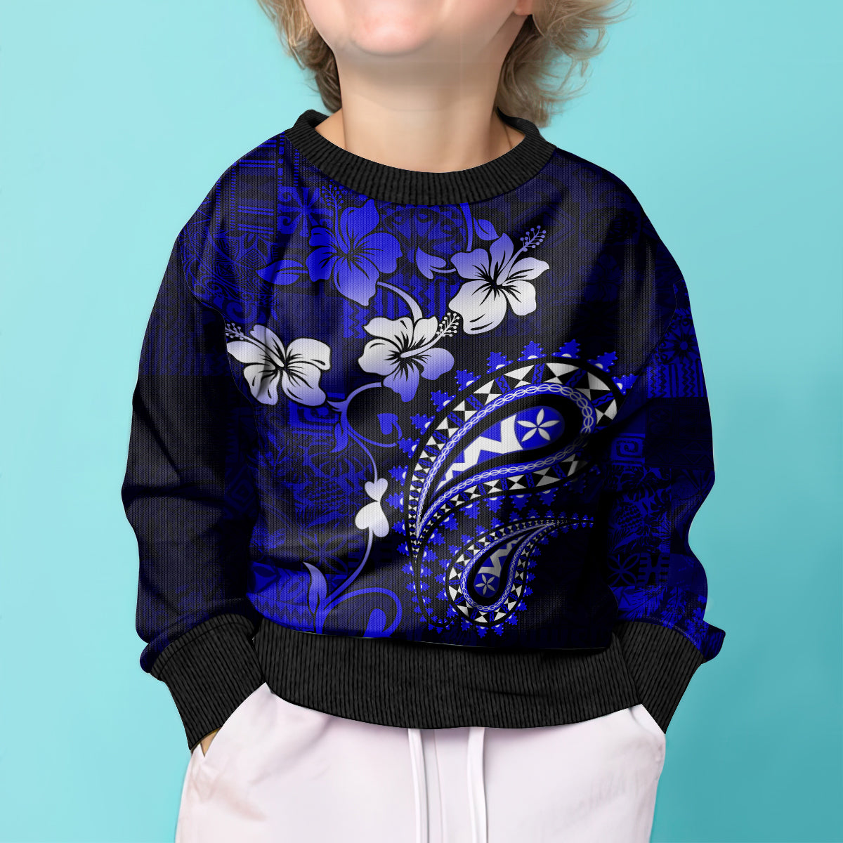 Fiji Masi Paisley With Hibiscus Tapa Kid Ugly Christmas Sweater Navy Blue Version LT01 - Polynesian Pride