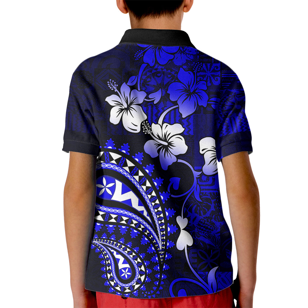 Fiji Masi Paisley With Hibiscus Tapa Kid Polo Shirt Navy Blue Version LT01 - Polynesian Pride