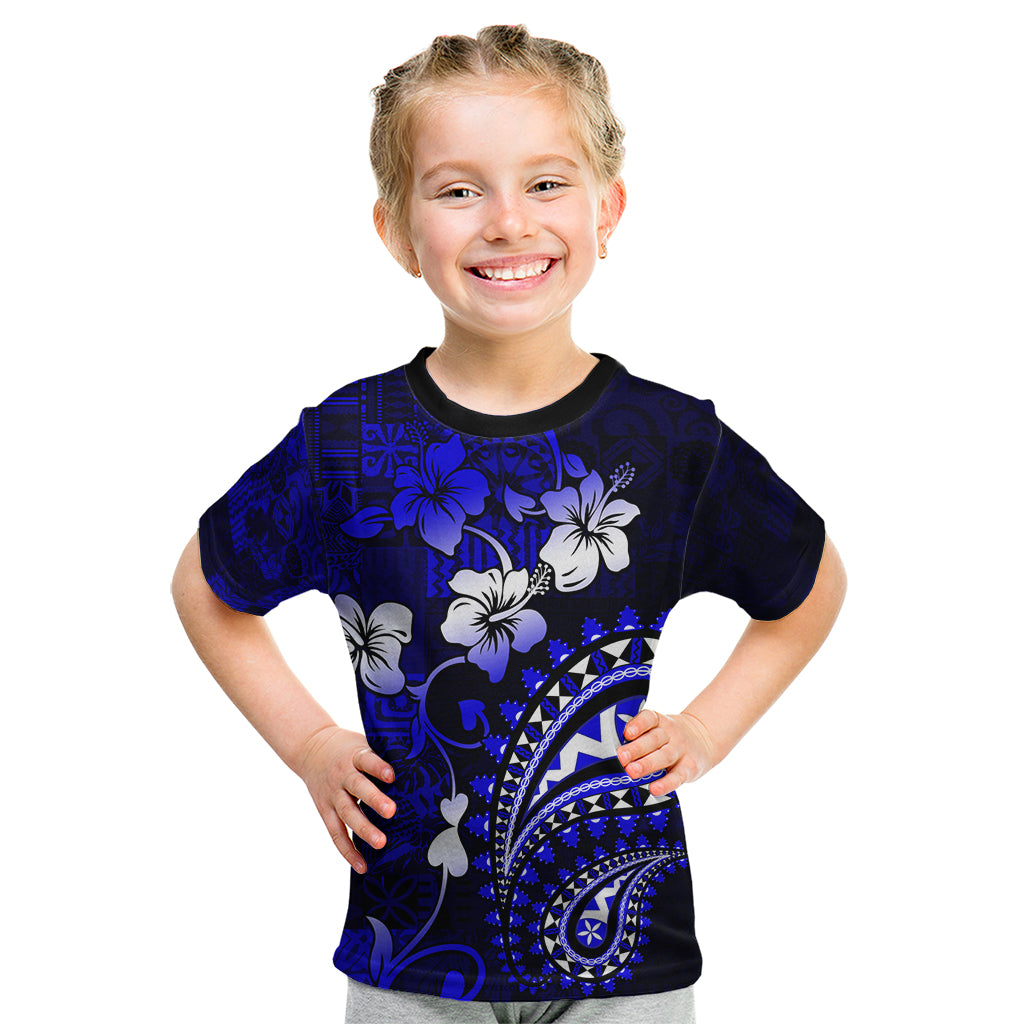 Fiji Masi Paisley With Hibiscus Tapa Kid T Shirt Navy Blue Version LT01 Blue - Polynesian Pride