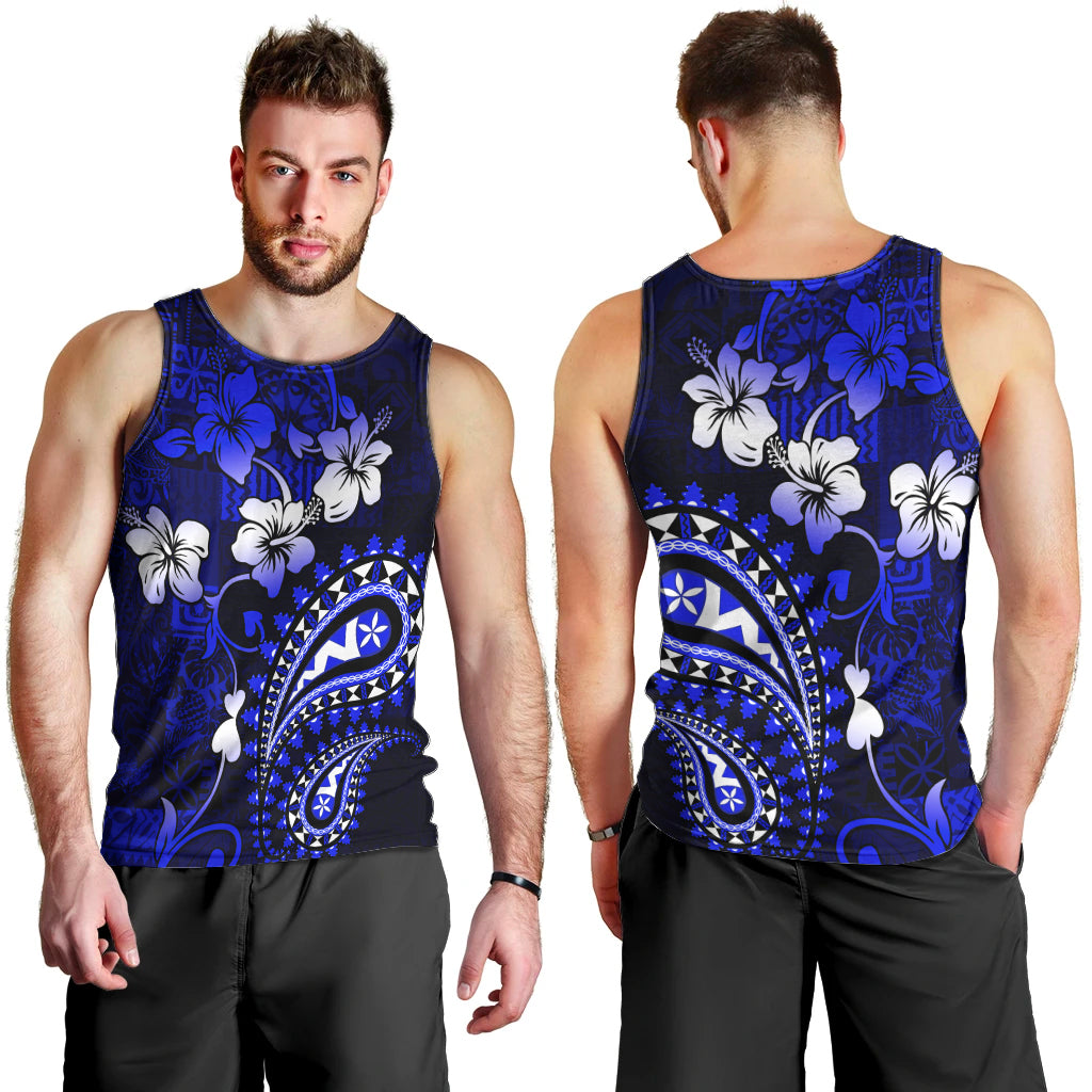 Fiji Masi Paisley With Hibiscus Tapa Men Tank Top Navy Blue Version LT01 - Polynesian Pride