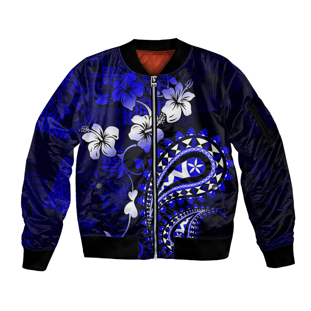 Fiji Masi Paisley With Hibiscus Tapa Sleeve Zip Bomber Jacket Navy Blue Version LT01 Unisex Blue - Polynesian Pride