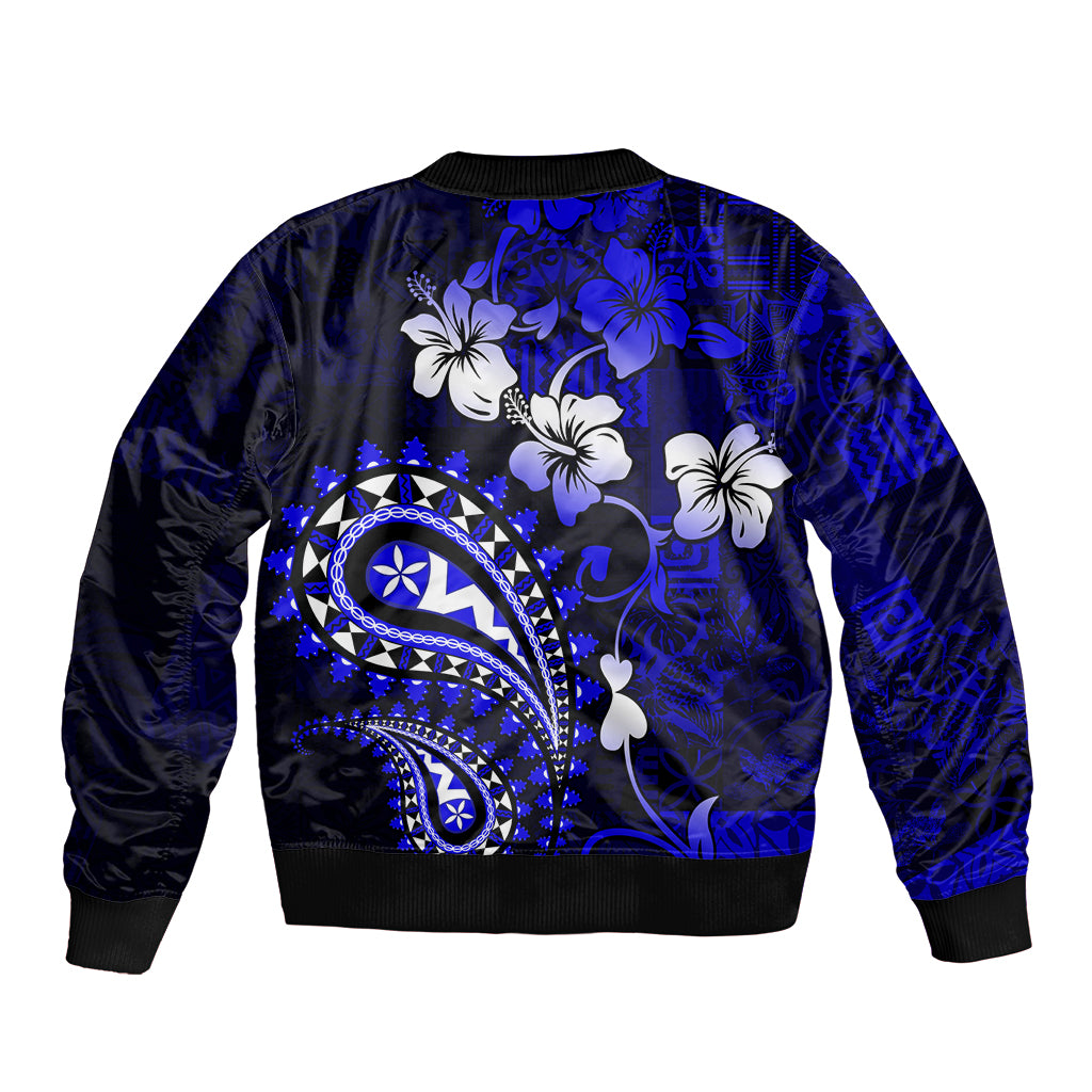 Fiji Masi Paisley With Hibiscus Tapa Sleeve Zip Bomber Jacket Navy Blue Version LT01 - Polynesian Pride