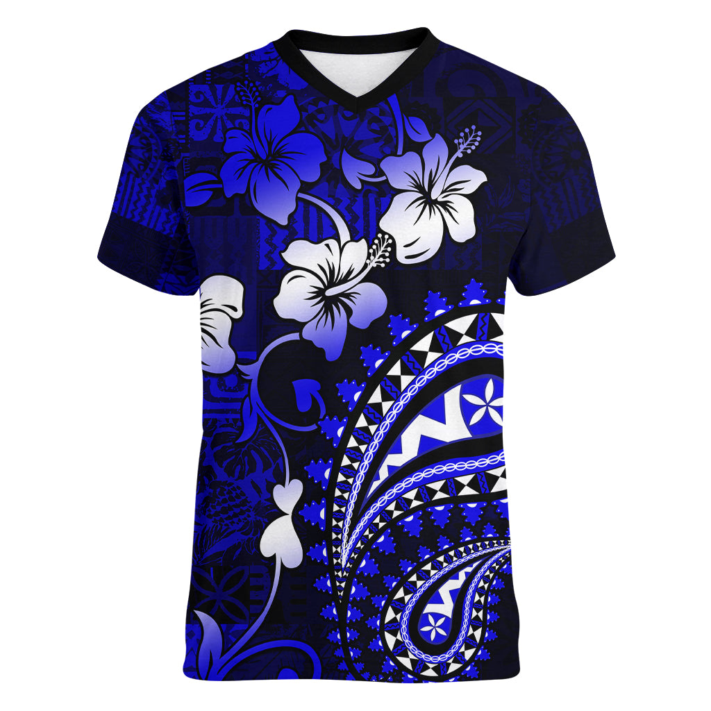 Fiji Masi Paisley With Hibiscus Tapa Women V Neck T Shirt Navy Blue Version LT01 Female Blue - Polynesian Pride