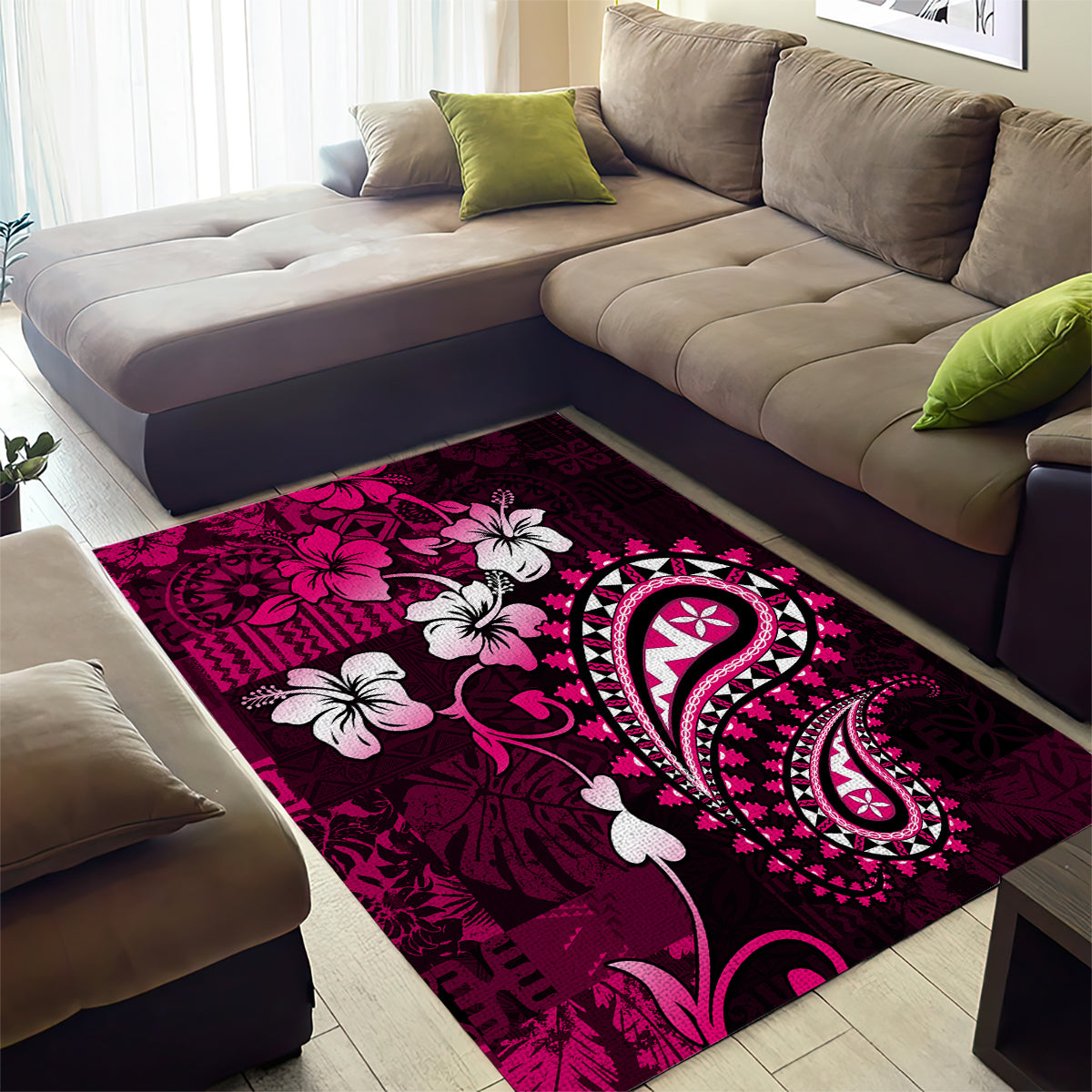 Fiji Masi Paisley With Hibiscus Tapa Area Rug Pink Version LT01 - Polynesian Pride