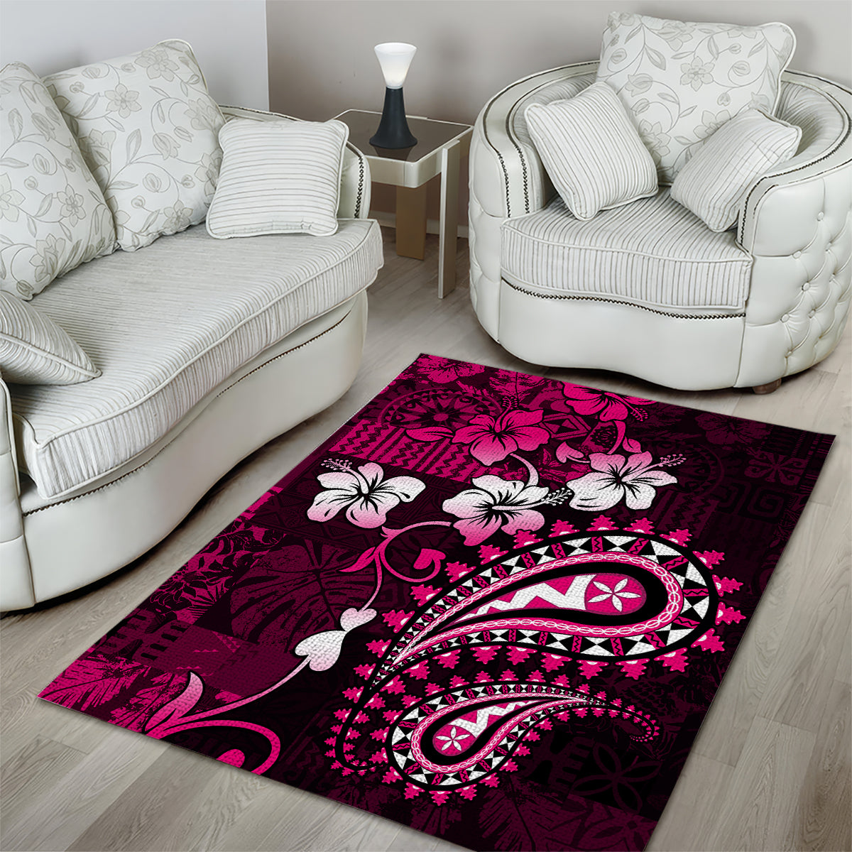 Fiji Masi Paisley With Hibiscus Tapa Area Rug Pink Version LT01 - Polynesian Pride