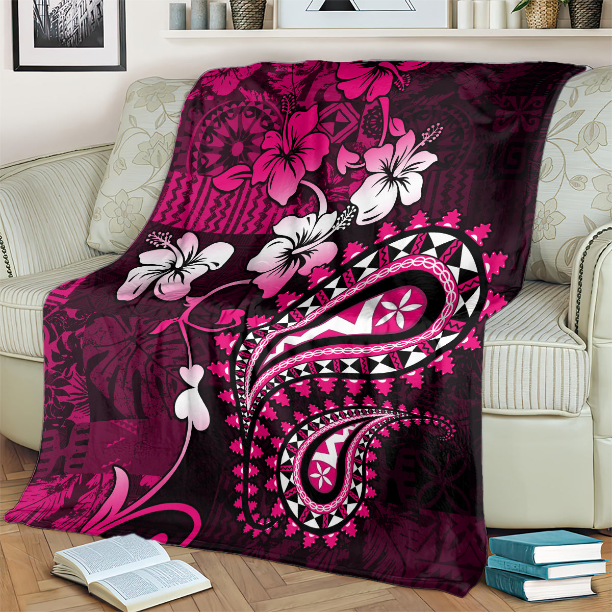 Fiji Masi Paisley With Hibiscus Tapa Blanket Pink Version LT01 - Polynesian Pride