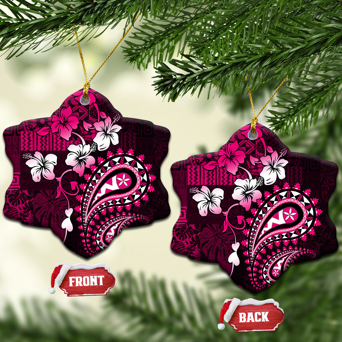 Fiji Masi Paisley With Hibiscus Tapa Ceramic Ornament Pink Version LT01 Snow Flake Pink - Polynesian Pride