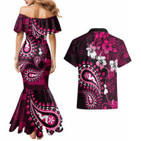 Fiji Masi Paisley With Hibiscus Tapa Couples Matching Mermaid Dress and Hawaiian Shirt Pink Version LT01 - Polynesian Pride