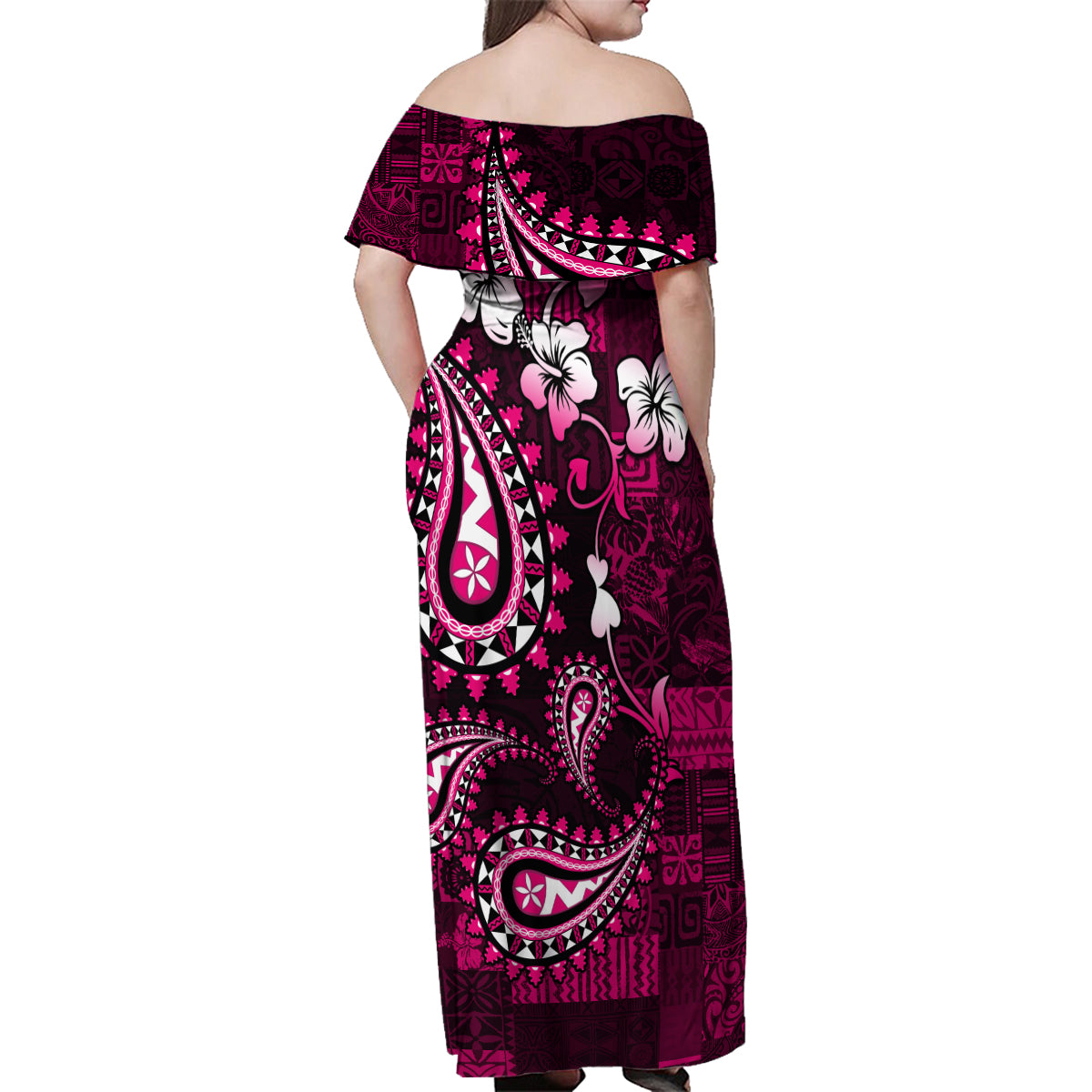 Fiji Masi Paisley With Hibiscus Tapa Family Matching Off Shoulder Maxi Dress and Hawaiian Shirt Pink Version LT01 - Polynesian Pride