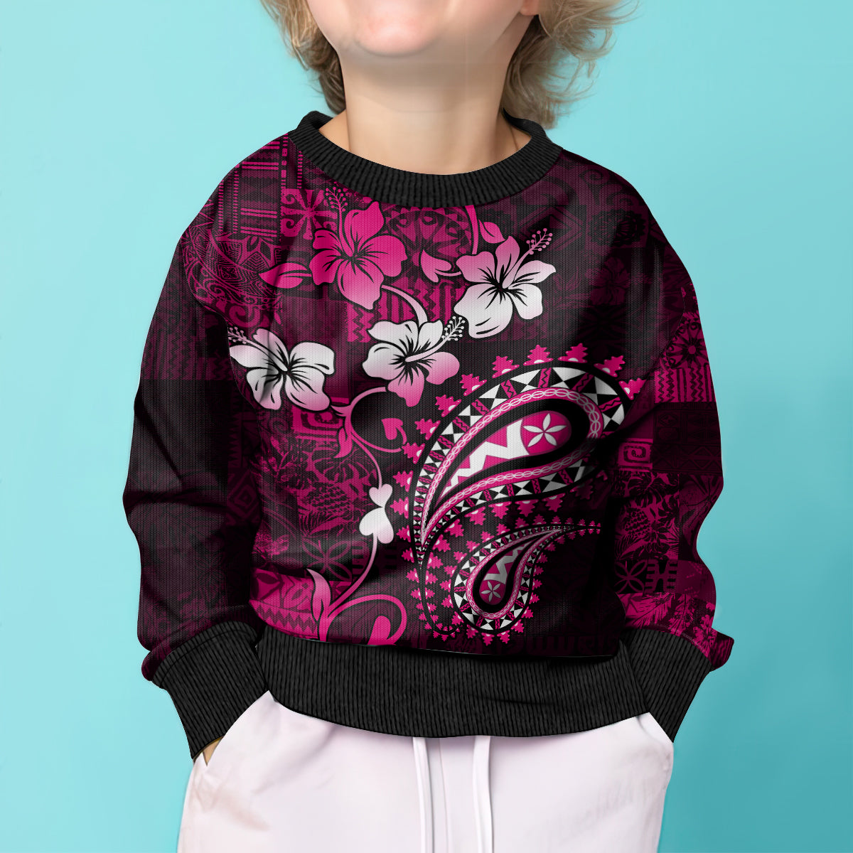 Fiji Masi Paisley With Hibiscus Tapa Kid Ugly Christmas Sweater Pink Version LT01 - Polynesian Pride