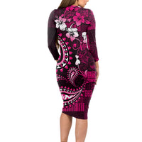 Fiji Masi Paisley With Hibiscus Tapa Long Sleeve Bodycon Dress Pink Version LT01 - Polynesian Pride