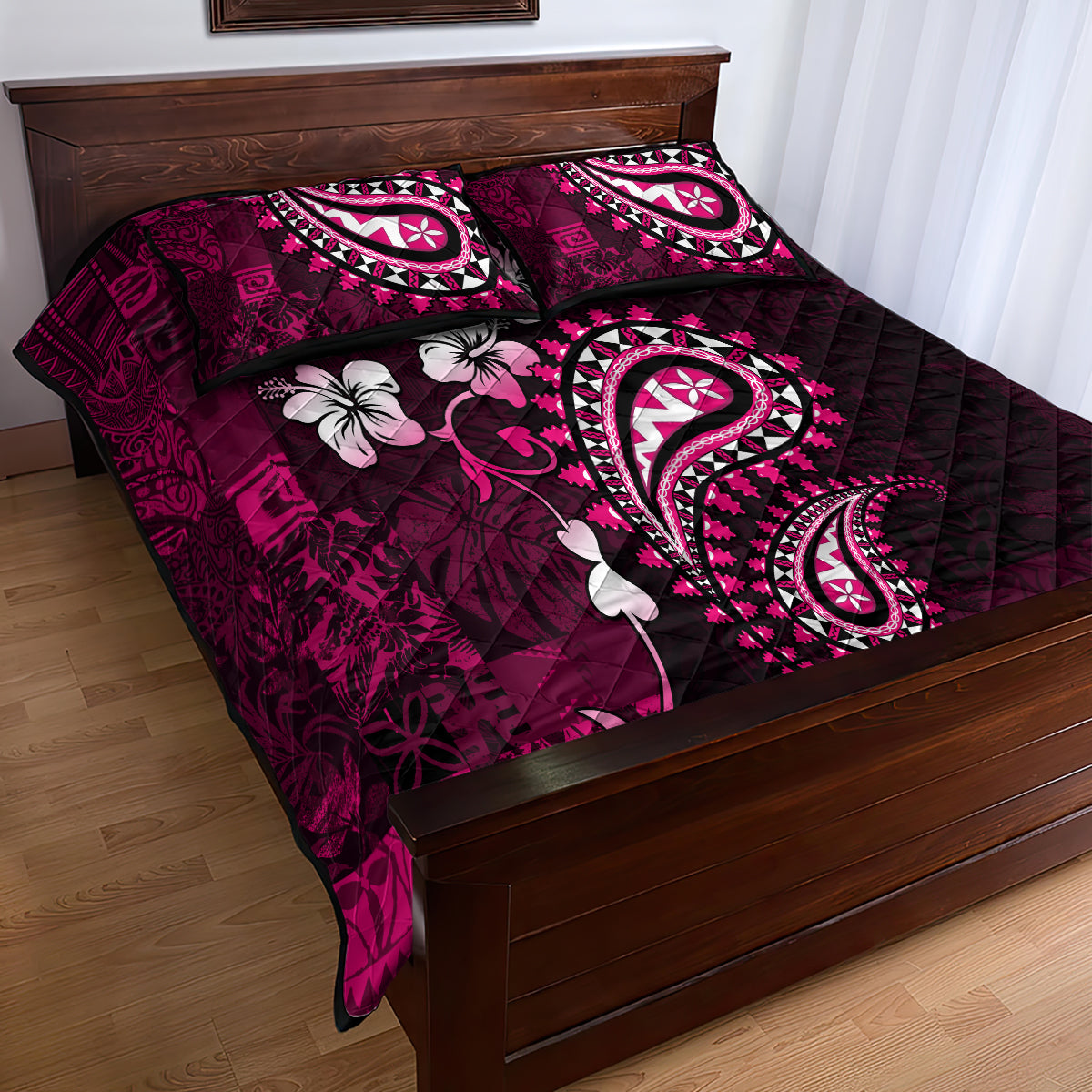 Fiji Masi Paisley With Hibiscus Tapa Quilt Bed Set Pink Version LT01 - Polynesian Pride