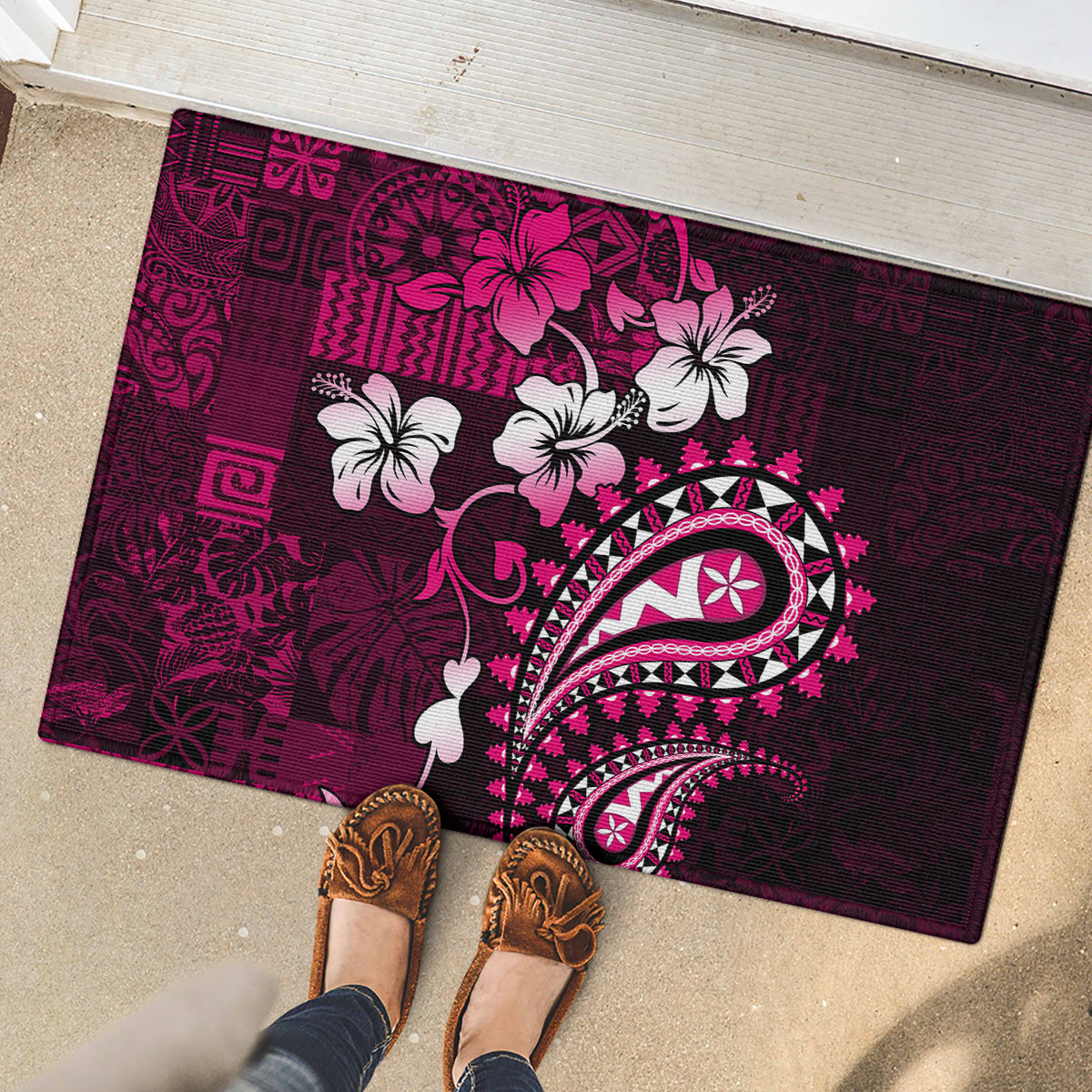 Fiji Masi Paisley With Hibiscus Tapa Rubber Doormat Pink Version LT01 - Polynesian Pride