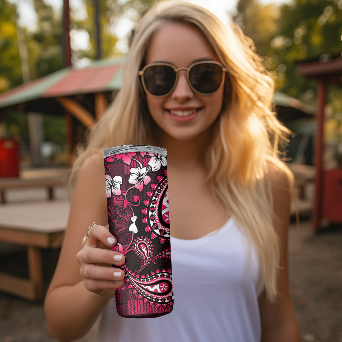 Fiji Masi Paisley With Hibiscus Tapa Skinny Tumbler Pink Version