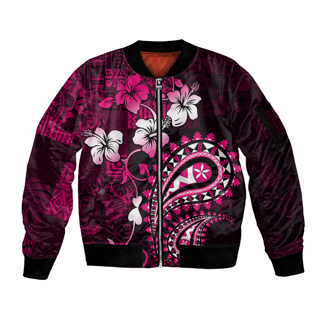 Fiji Masi Paisley With Hibiscus Tapa Sleeve Zip Bomber Jacket Pink Version LT01 Unisex Pink - Polynesian Pride