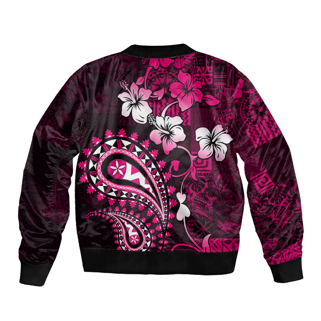 Fiji Masi Paisley With Hibiscus Tapa Sleeve Zip Bomber Jacket Pink Version LT01 - Polynesian Pride