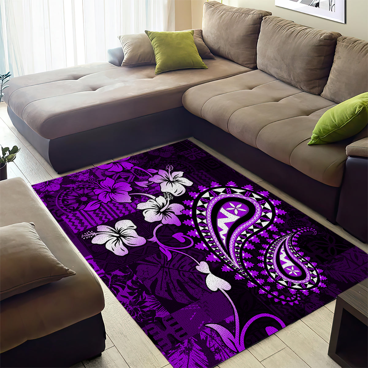 Fiji Masi Paisley Area Rug Fijian Hibiscus Tapa Purple Version LT01 - Polynesian Pride