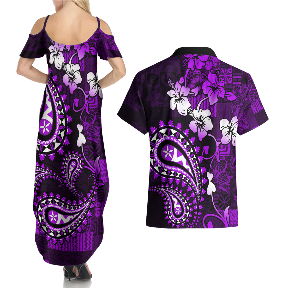 Fiji Masi Paisley Couples Matching Summer Maxi Dress and Hawaiian Shirt Fijian Hibiscus Tapa Purple Version LT01 - Polynesian Pride