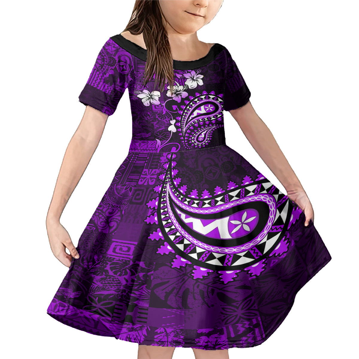 Fiji Masi Paisley Family Matching Mermaid Dress and Hawaiian Shirt Fijian Hibiscus Tapa Purple Version LT01 Daughter's Dress Purple - Polynesian Pride