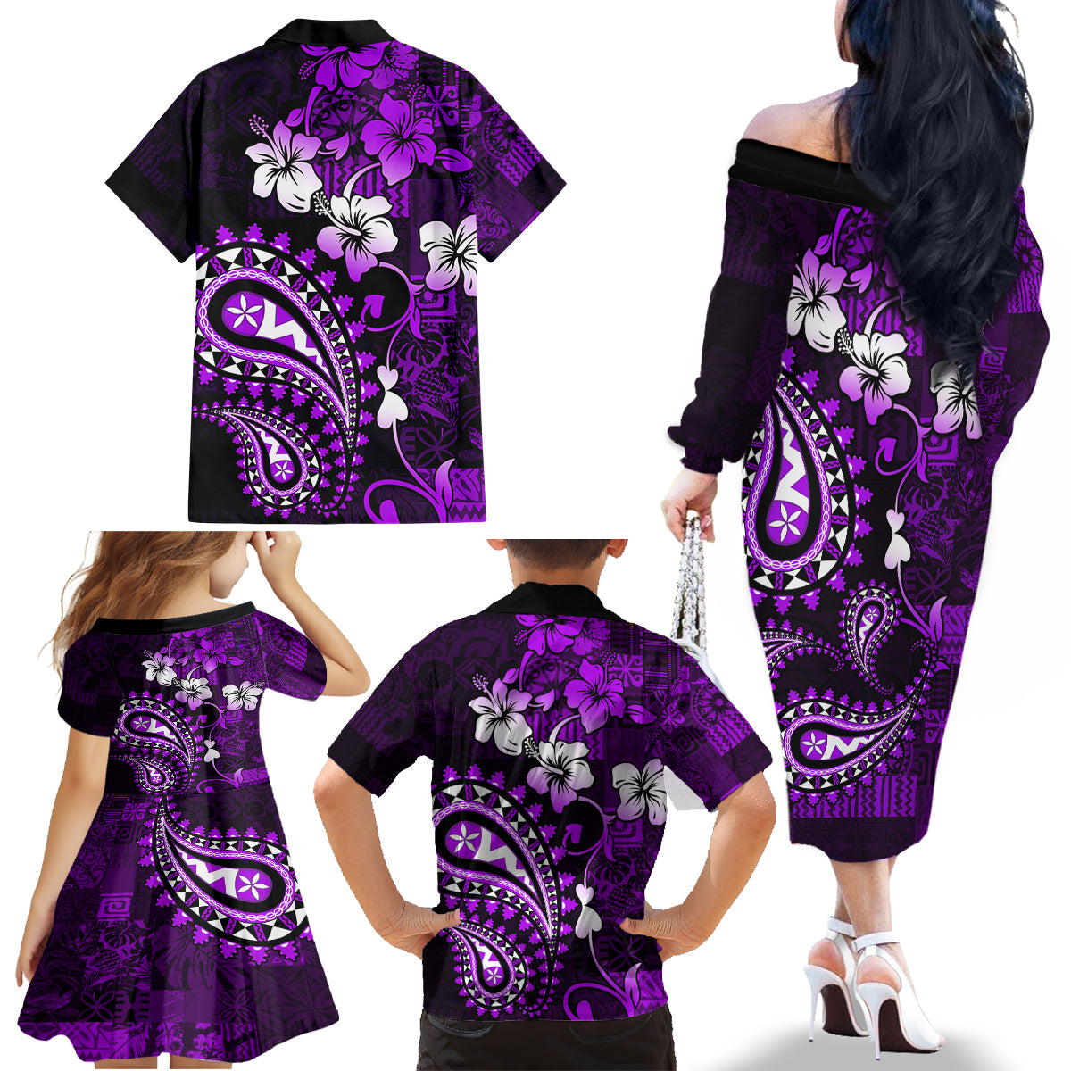 Fiji Masi Paisley Family Matching Off Shoulder Long Sleeve Dress and Hawaiian Shirt Fijian Hibiscus Tapa Purple Version LT01 - Polynesian Pride