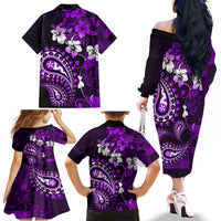 Fiji Masi Paisley Family Matching Off Shoulder Long Sleeve Dress and Hawaiian Shirt Fijian Hibiscus Tapa Purple Version LT01 - Polynesian Pride