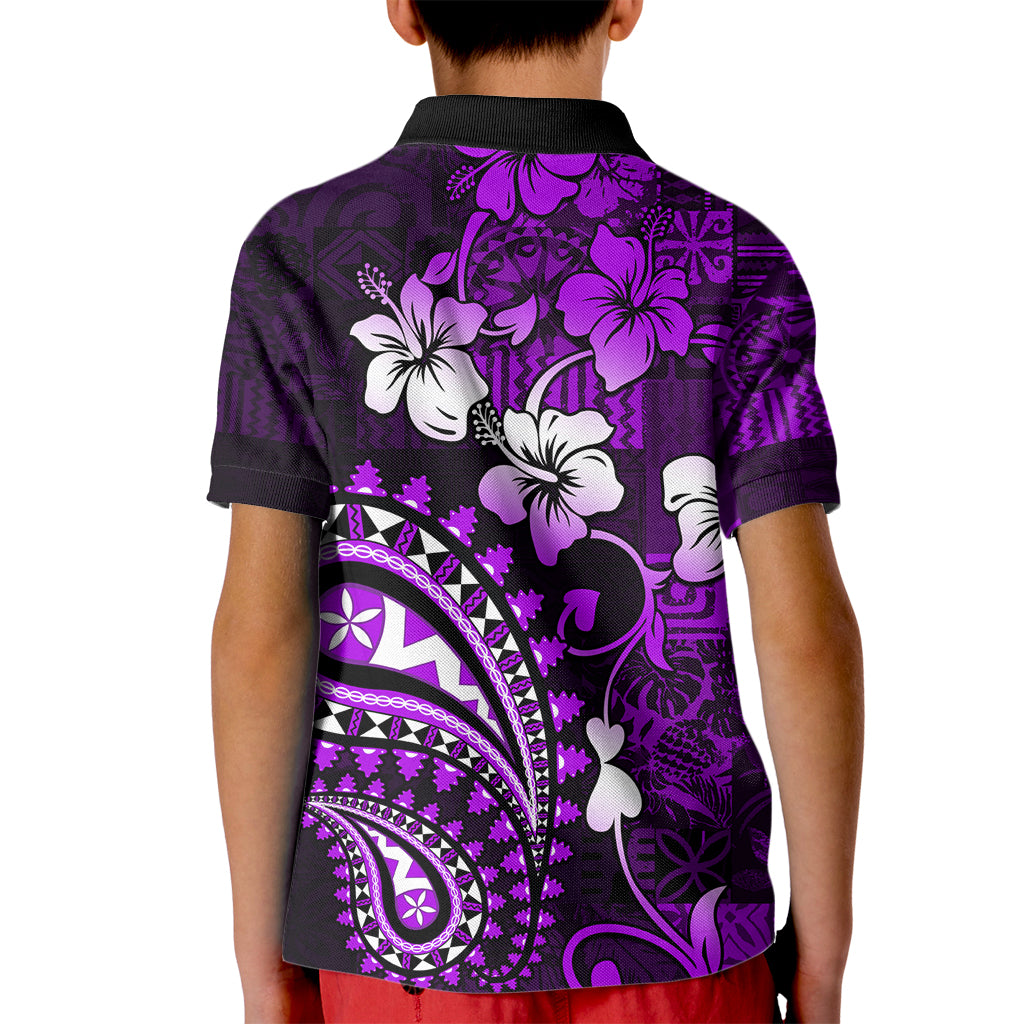 Fiji Masi Paisley Kid Polo Shirt Fijian Hibiscus Tapa Purple Version LT01 - Polynesian Pride