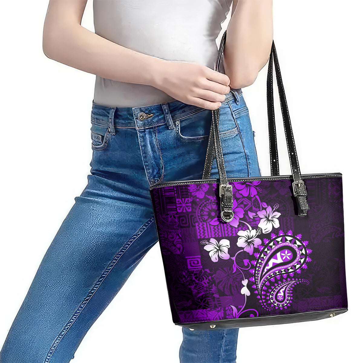Fiji Masi Paisley Leather Tote Bag Fijian Hibiscus Tapa Purple Version LT01 - Polynesian Pride