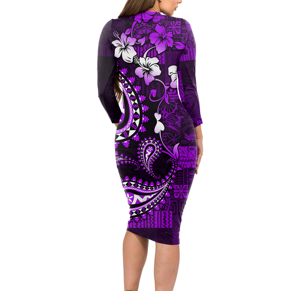 Fiji Masi Paisley Long Sleeve Bodycon Dress Fijian Hibiscus Tapa Purple Version LT01 - Polynesian Pride
