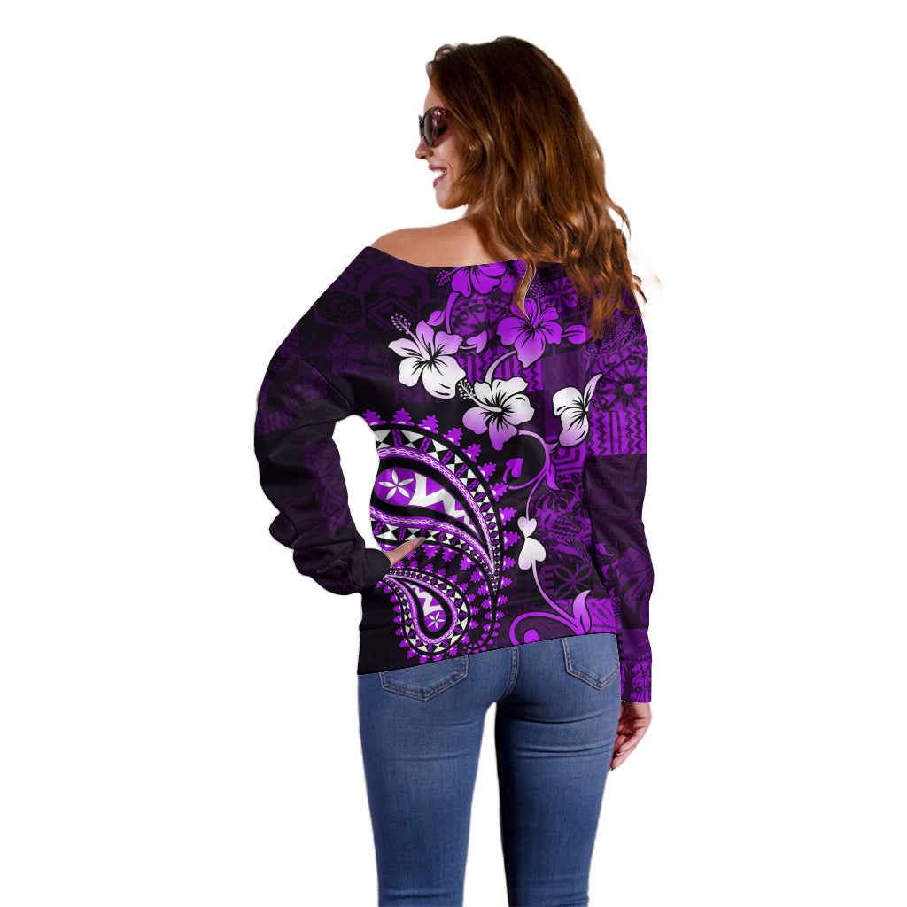 Fiji Masi Paisley Off Shoulder Sweater Fijian Hibiscus Tapa Purple Version LT01 - Polynesian Pride
