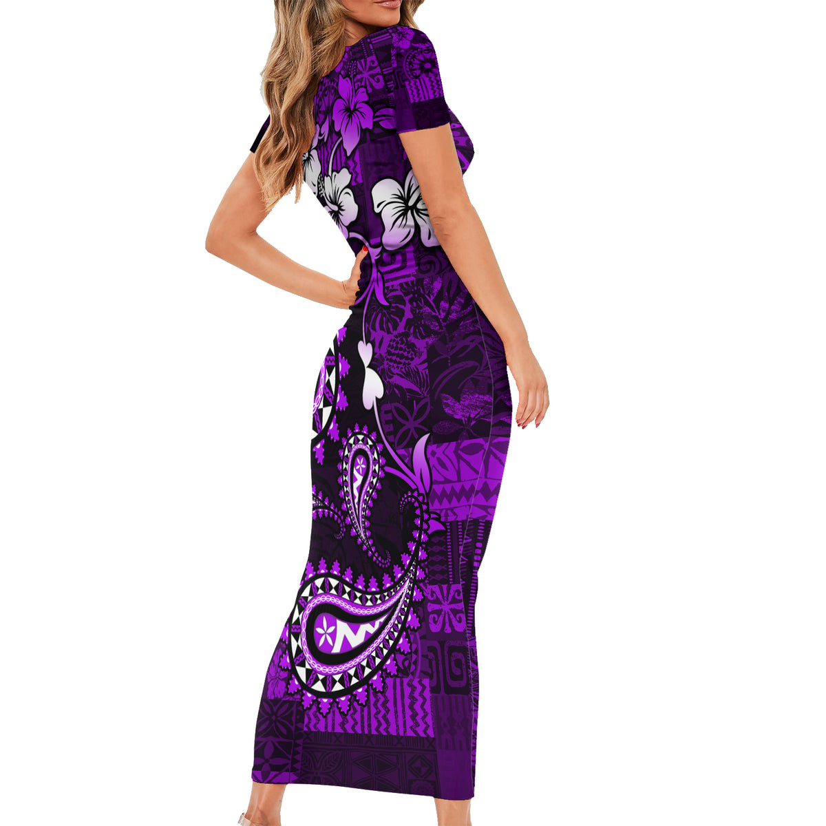 Fiji Masi Paisley Short Sleeve Bodycon Dress Fijian Hibiscus Tapa Purple Version LT01 - Polynesian Pride