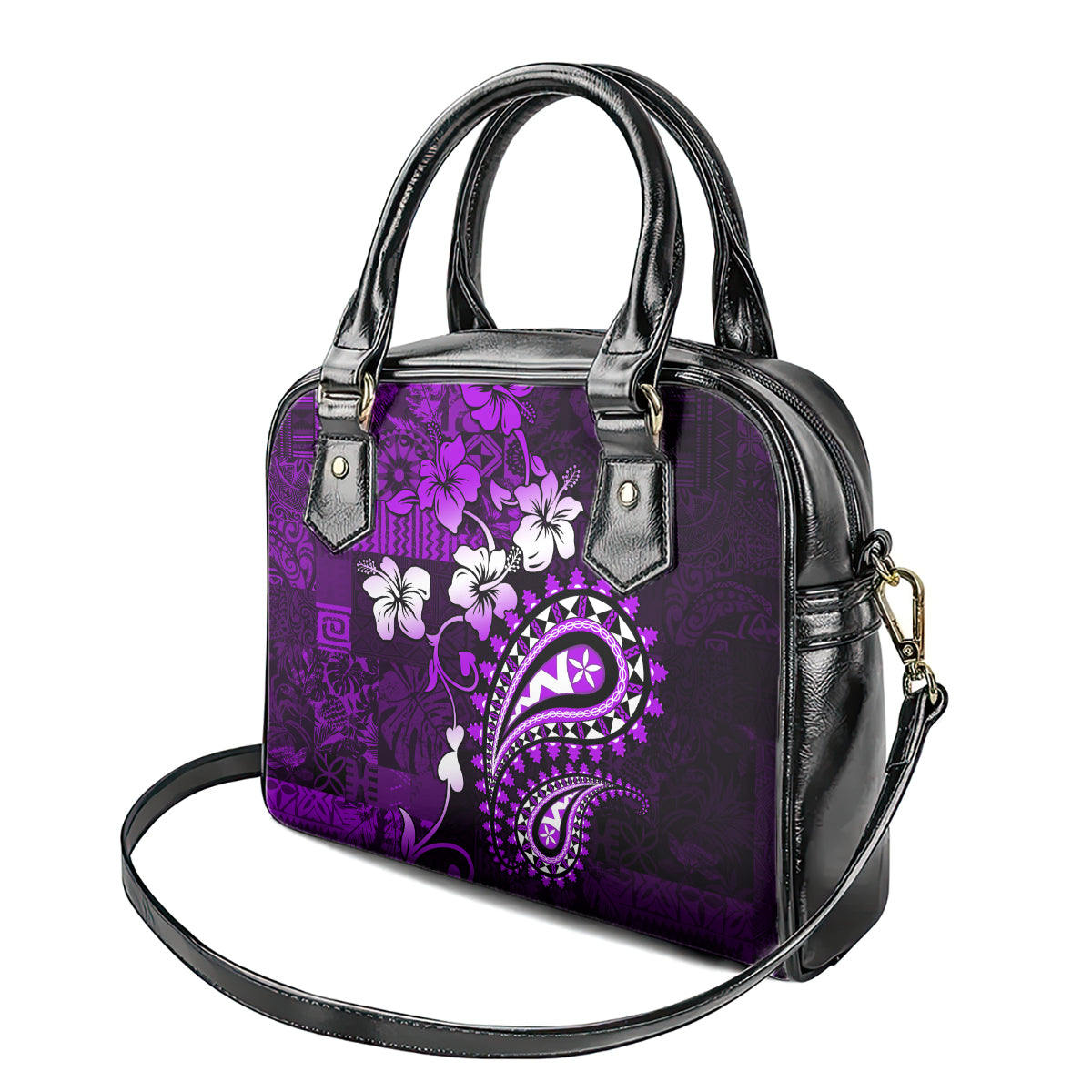 Fiji Masi Paisley Shoulder Handbag Fijian Hibiscus Tapa Purple Version LT01 - Polynesian Pride