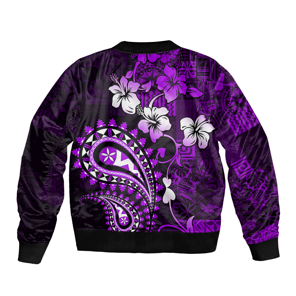 Fiji Masi Paisley Sleeve Zip Bomber Jacket Fijian Hibiscus Tapa Purple Version LT01 - Polynesian Pride