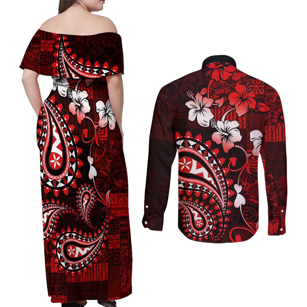Fiji Masi Paisley Couples Matching Off Shoulder Maxi Dress and Long Sleeve Button Shirt Fijian Hibiscus Tapa Red Version LT01 - Polynesian Pride