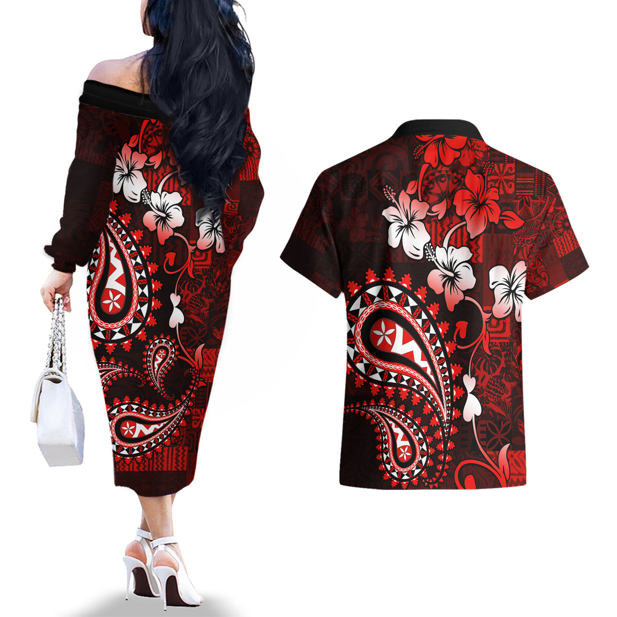Fiji Masi Paisley Couples Matching Off The Shoulder Long Sleeve Dress and Hawaiian Shirt Fijian Hibiscus Tapa Red Version LT01 - Polynesian Pride
