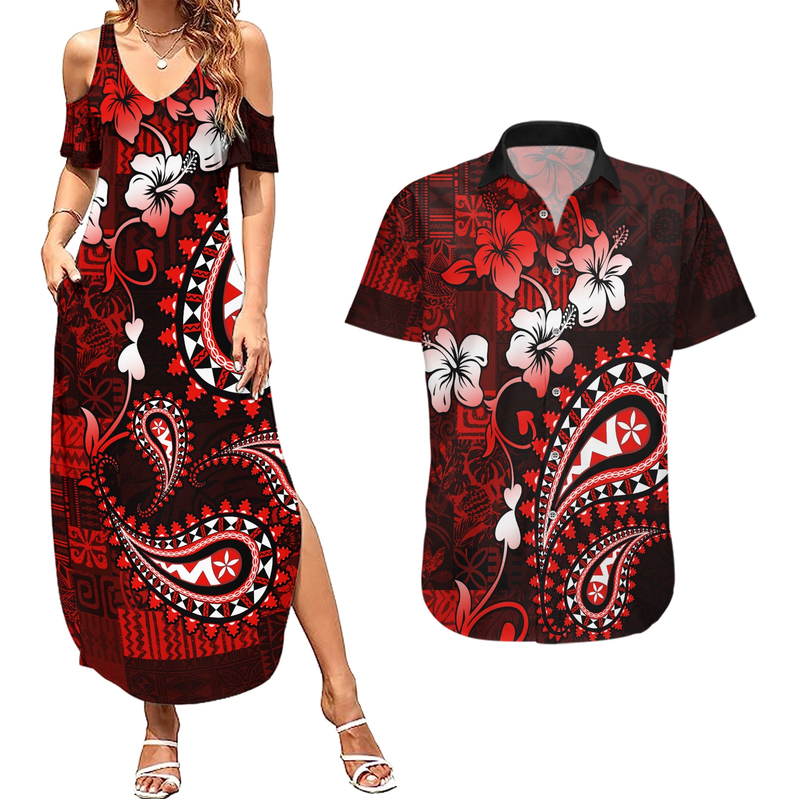 Fiji Masi Paisley Couples Matching Summer Maxi Dress and Hawaiian Shirt Fijian Hibiscus Tapa Red Version LT01 Red - Polynesian Pride