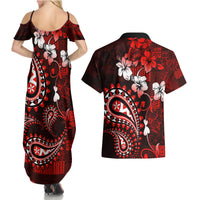 Fiji Masi Paisley Couples Matching Summer Maxi Dress and Hawaiian Shirt Fijian Hibiscus Tapa Red Version LT01 - Polynesian Pride