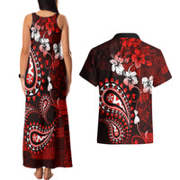 Fiji Masi Paisley Couples Matching Tank Maxi Dress and Hawaiian Shirt Fijian Hibiscus Tapa Red Version LT01 - Polynesian Pride