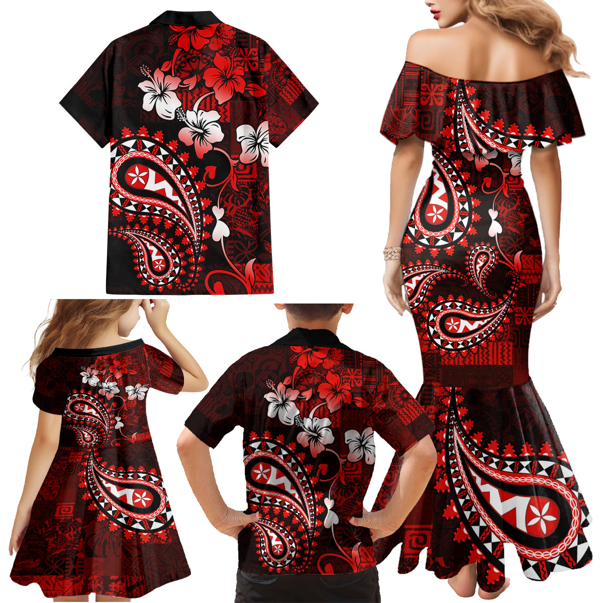 Fiji Masi Paisley Family Matching Mermaid Dress and Hawaiian Shirt Fijian Hibiscus Tapa Red Version LT01 - Polynesian Pride
