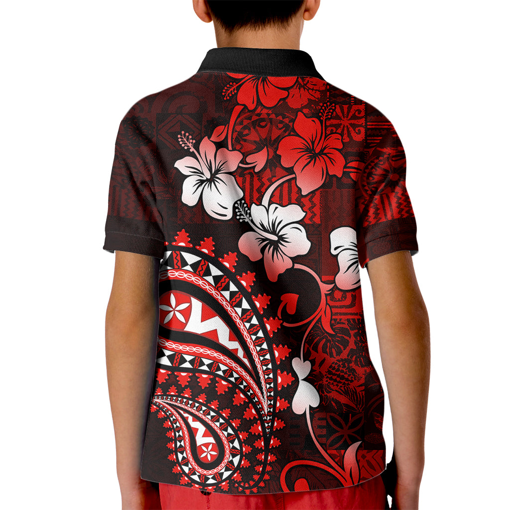 Fiji Masi Paisley Kid Polo Shirt Fijian Hibiscus Tapa Red Version LT01 - Polynesian Pride