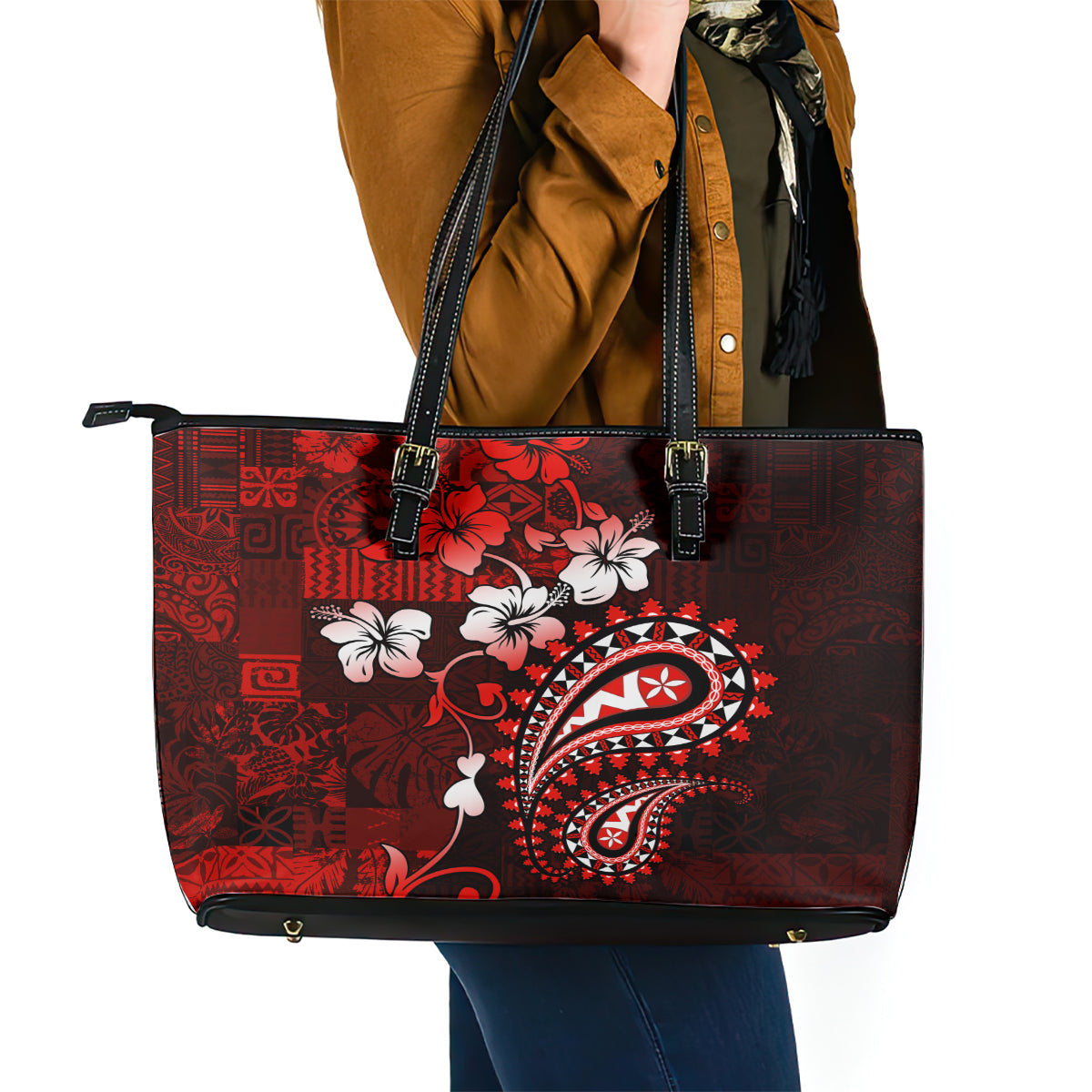 Fiji Masi Paisley Leather Tote Bag Fijian Hibiscus Tapa Red Version LT01 - Polynesian Pride
