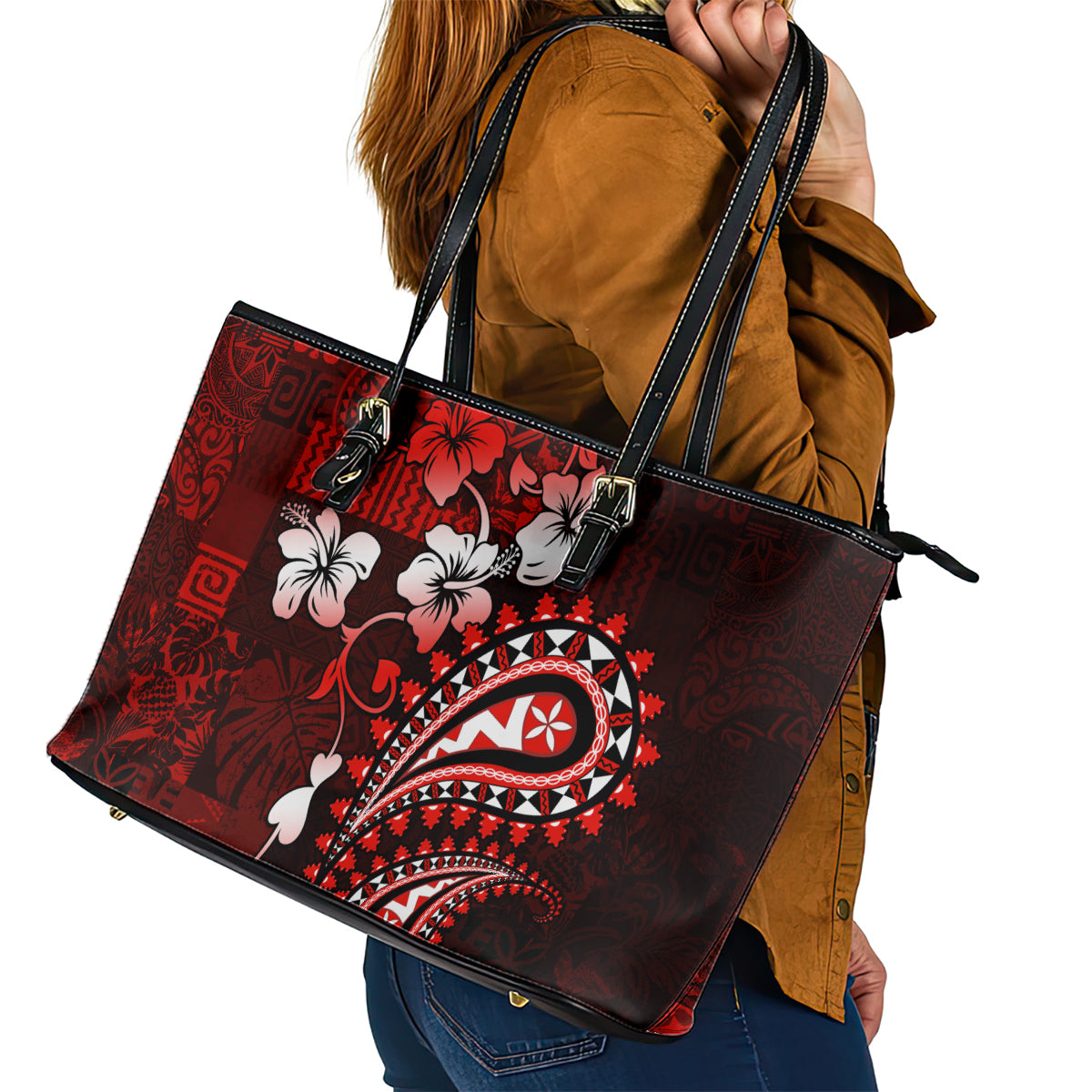 Fiji Masi Paisley Leather Tote Bag Fijian Hibiscus Tapa Red Version LT01 - Polynesian Pride