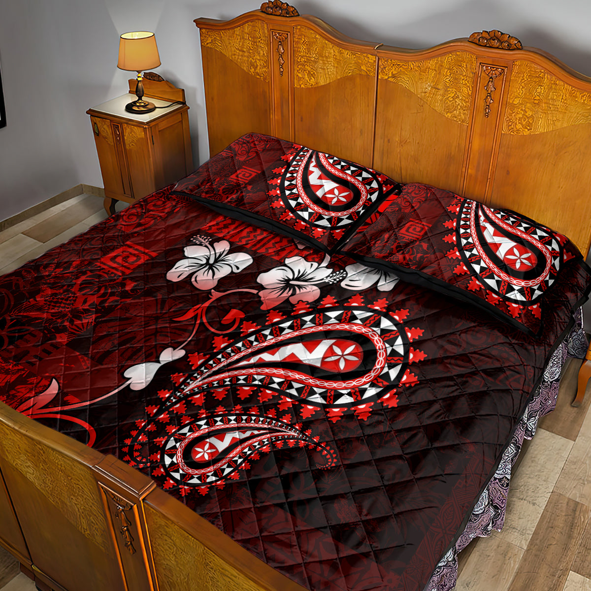 Fiji Masi Paisley Quilt Bed Set Fijian Hibiscus Tapa Red Version LT01 - Polynesian Pride